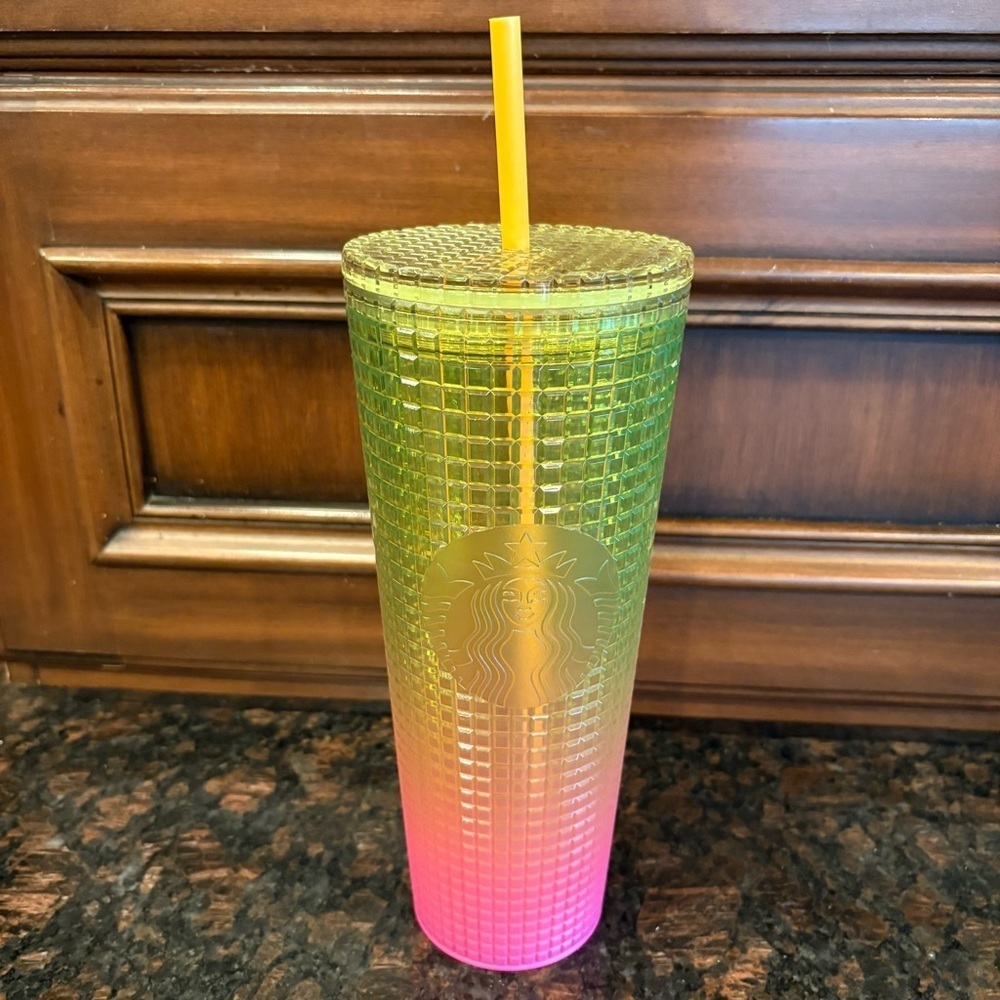 NWT~STARBUCKS Lemon Prism Spray Pink Gradient Ombré Summer Venti Tumbler 24oz.
